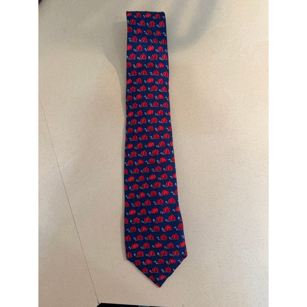 Men's Hermès Navy Red Jockey Hat Print Silk Tie One Size - Picture 3 of 5